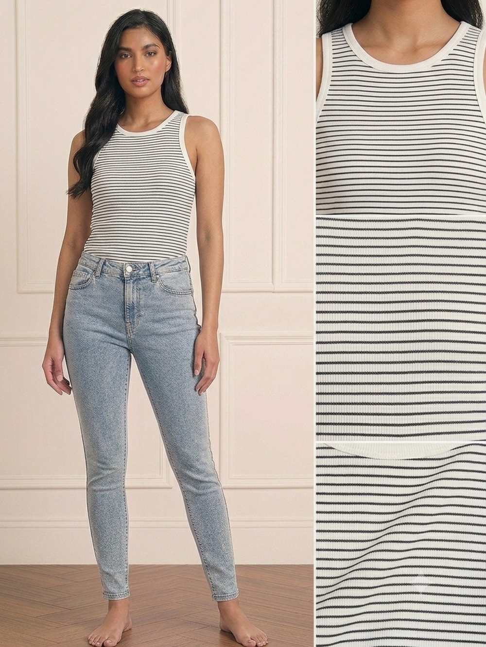 Nine West Black & White Striped Ribbed Tank
